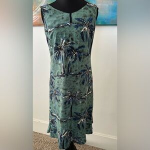 Vintage Iolani Made In Hawaii Dress Turquoise Green Palms Sleeveless Flounce S